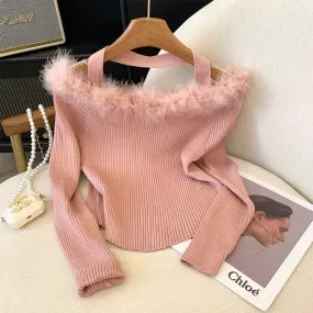 Gentle and pure hot girl's super pretty pink furry one-shoulder slim long-sleeved sweater top for women in autumn and winter