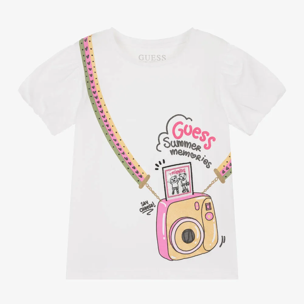 Girls White Cotton Camera T-Shirt