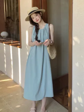 Green seaside resort style sleeveless dress, French style, gentle backless vest dress, drapey beach long dress