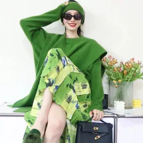 Green sweater suit skirt slightly fat and age-reducing 2023 winter new salt style light and mature two-piece set with a complete