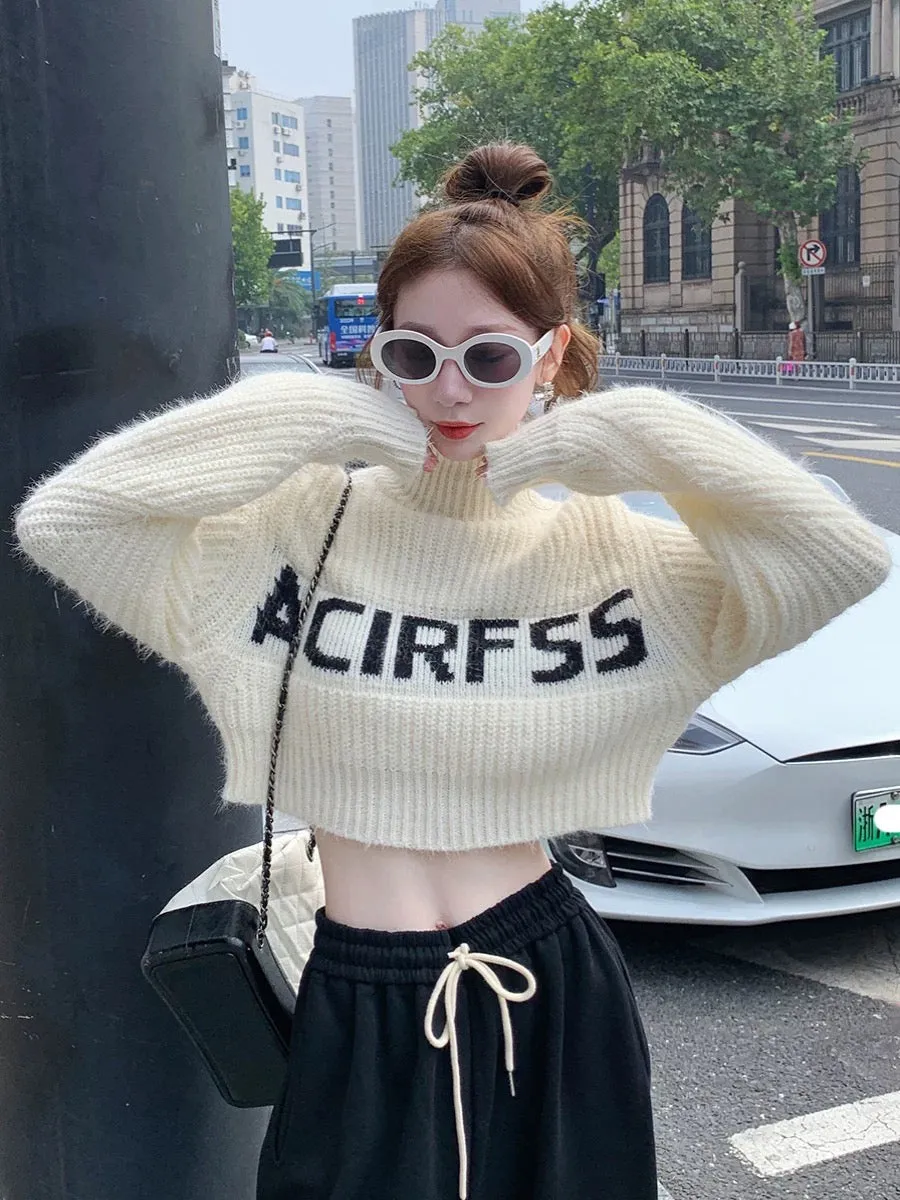 Guoguojia short turtleneck sweater for women autumn and winter 2023 new letter printed versatile casual knitted top