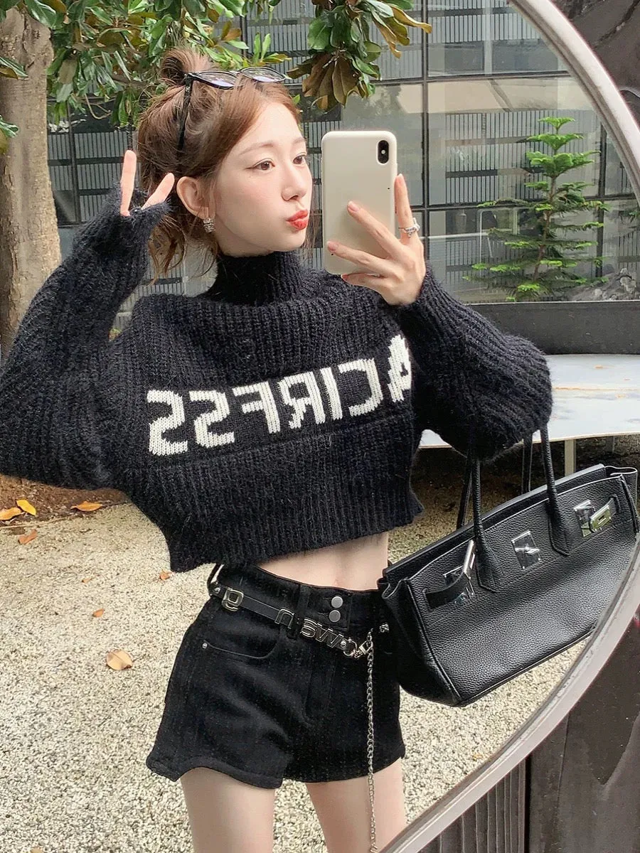 Guoguojia short turtleneck sweater for women autumn and winter 2023 new letter printed versatile casual knitted top