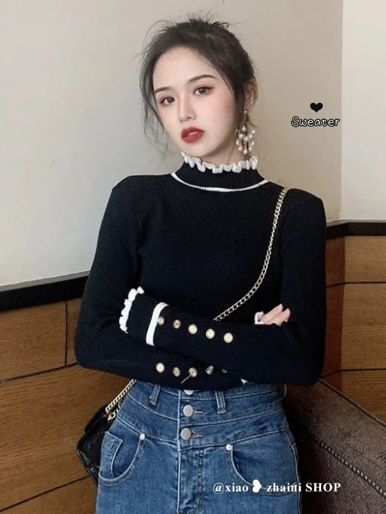 Half turtleneck black bottoming shirt for women in autumn and winter, high-end knitted sweater design, slim fit sweater top