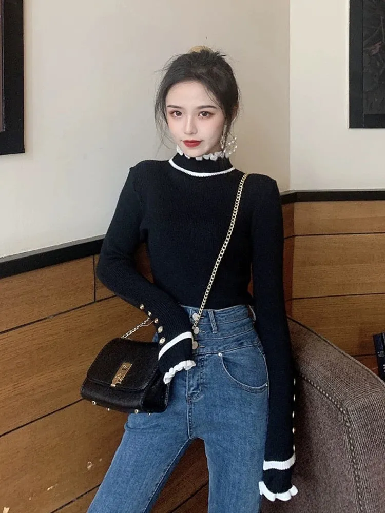 Half turtleneck black bottoming shirt for women in autumn and winter, high-end knitted sweater design, slim fit sweater top