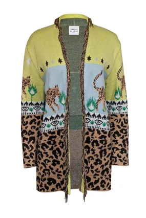 Hayley Menzies - Tan, Chartreuse, & Blue Leopard Cotton Jacquard Cardigan Sz M