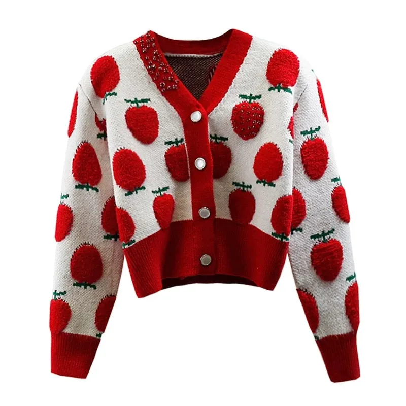 Heavy industry red diamond-encrusted cute strawberry jacquard craft color-blocked thickened short sweater with temperament and a