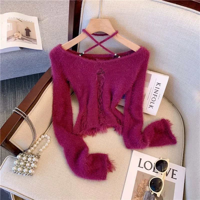 High-end pure desire sweet and spicy plum color one-shoulder imitation mink sweater ripped halterneck short sweater for women in