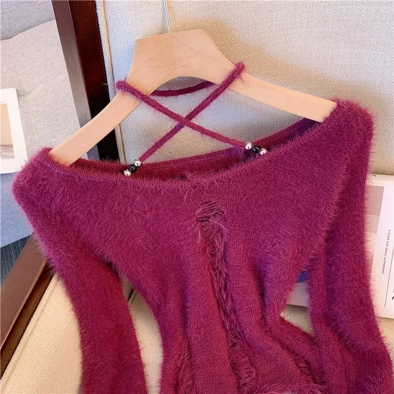 High-end pure desire sweet and spicy plum color one-shoulder imitation mink sweater ripped halterneck short sweater for women in