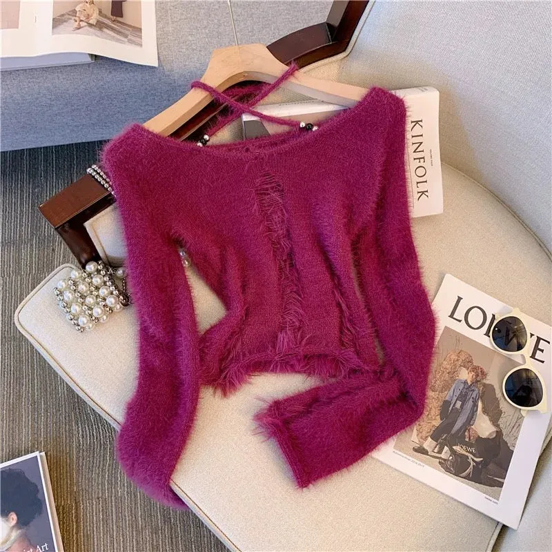 High-end pure desire sweet and spicy plum color one-shoulder imitation mink sweater ripped halterneck short sweater for women in