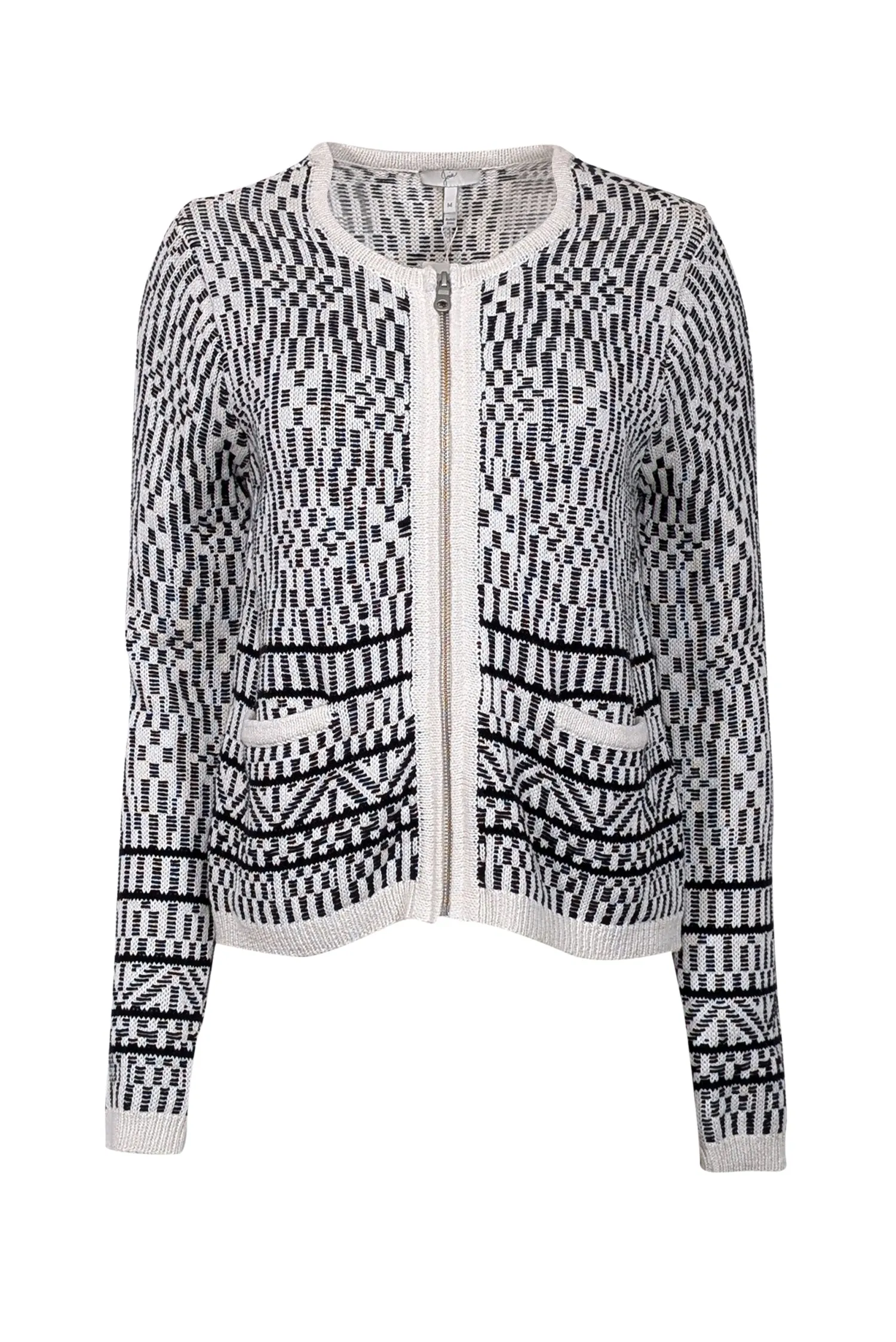 Joie - White & Black Print Knit Zipper Front Cardigan Sz M