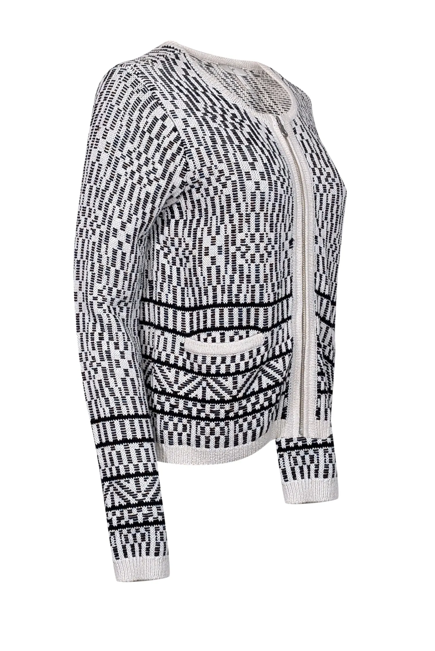 Joie - White & Black Print Knit Zipper Front Cardigan Sz M