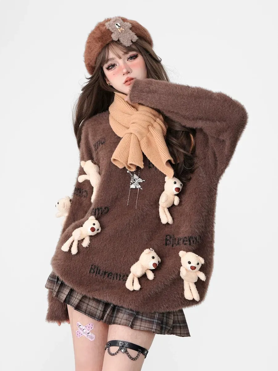 kellykitty warm little brown bear brown cute little bear pendant sweater Maillard plush knitted top