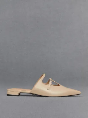 Leather T-Bar Double-Strap Mules - Beige