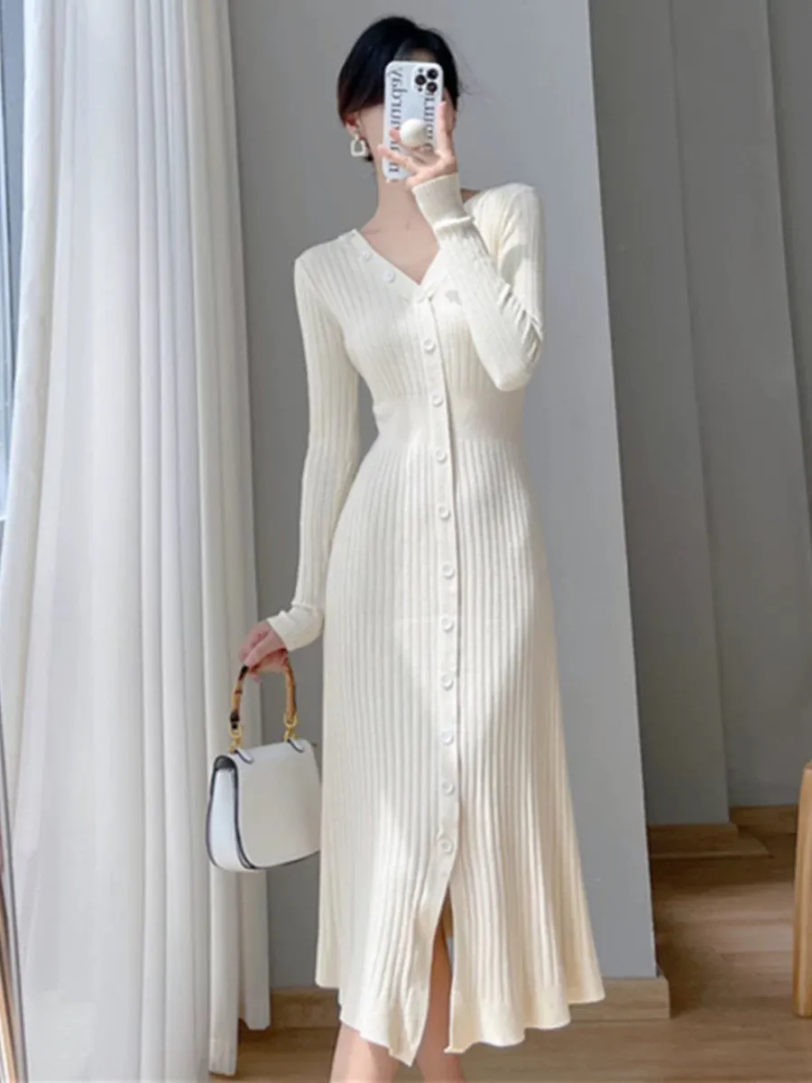 Light and mature V-neck knitted dress for women in autumn and winter, slim-fitting and temperament, mid-length slimming and temp