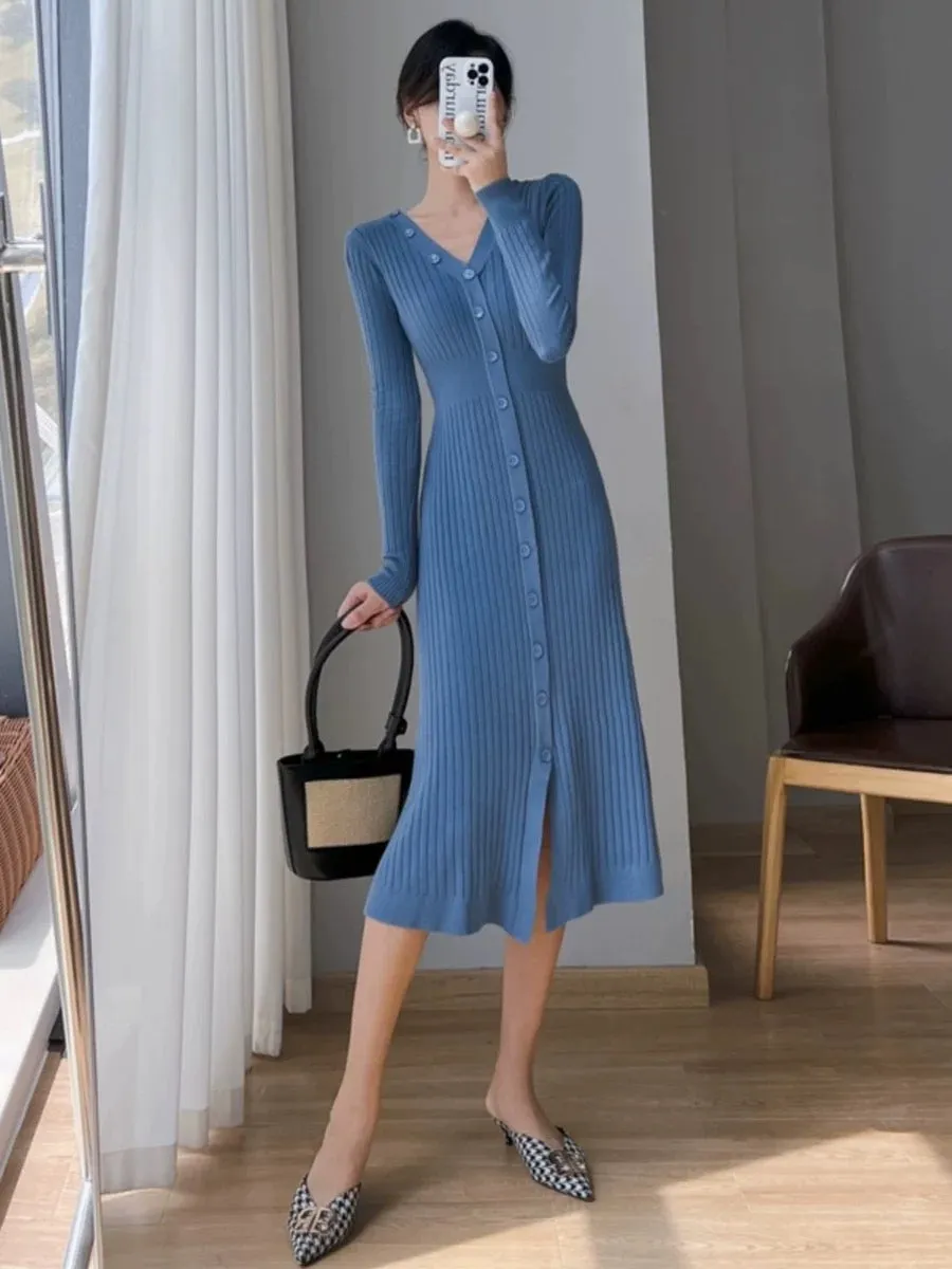 Light and mature V-neck knitted dress for women in autumn and winter, slim-fitting and temperament, mid-length slimming and temp