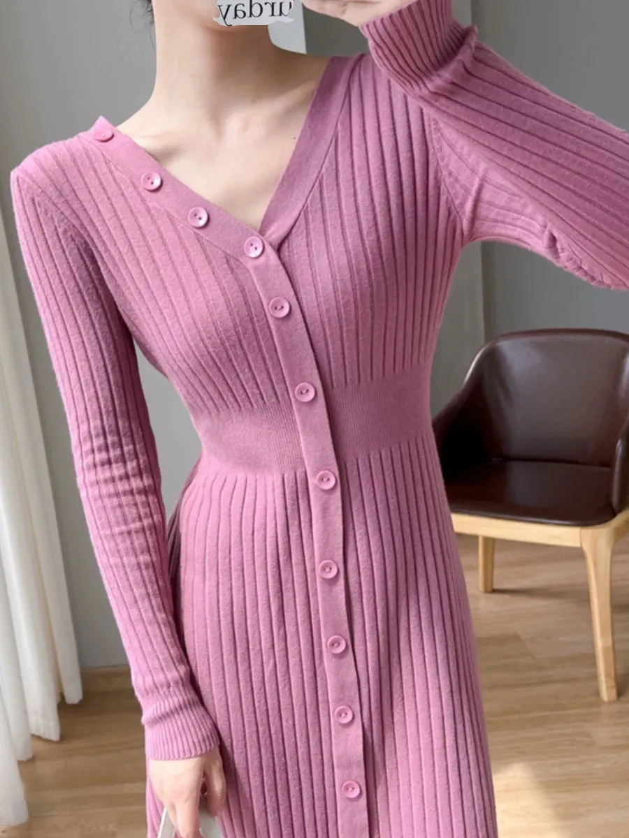 Light and mature V-neck knitted dress for women in autumn and winter, slim-fitting and temperament, mid-length slimming and temp