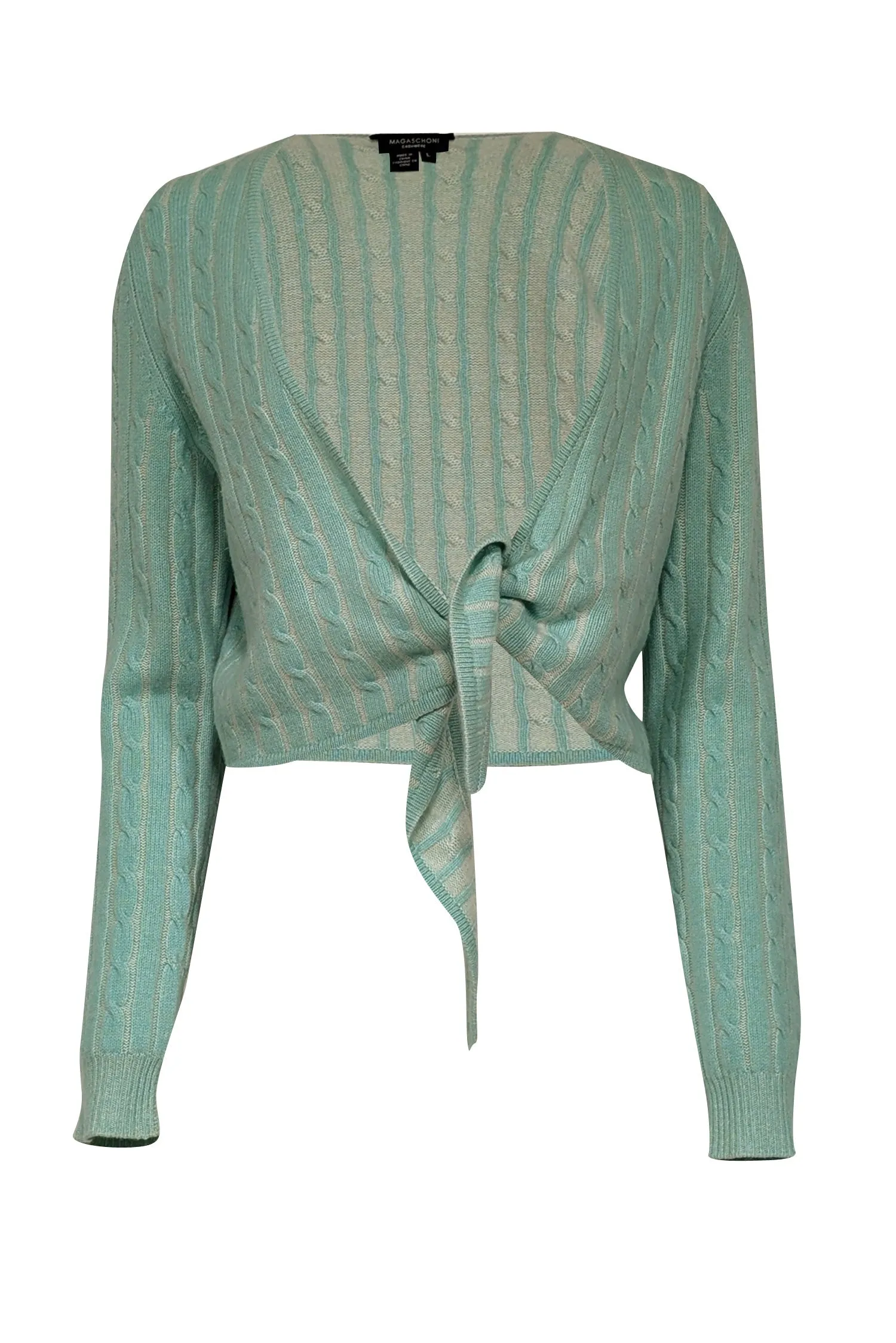 Magaschoni - Mint Green Cable Knit Cashmere Tie Front Cardigan Sz L