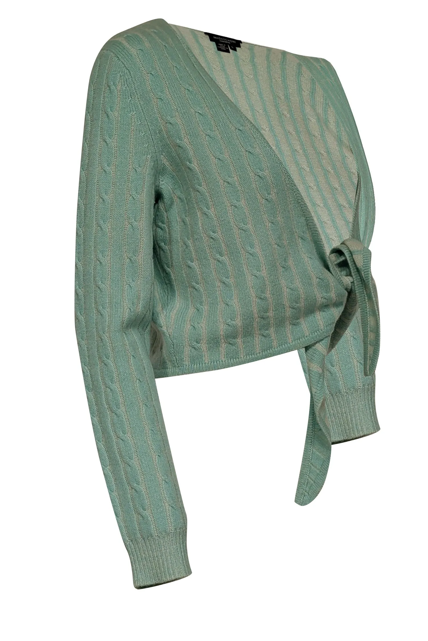 Magaschoni - Mint Green Cable Knit Cashmere Tie Front Cardigan Sz L