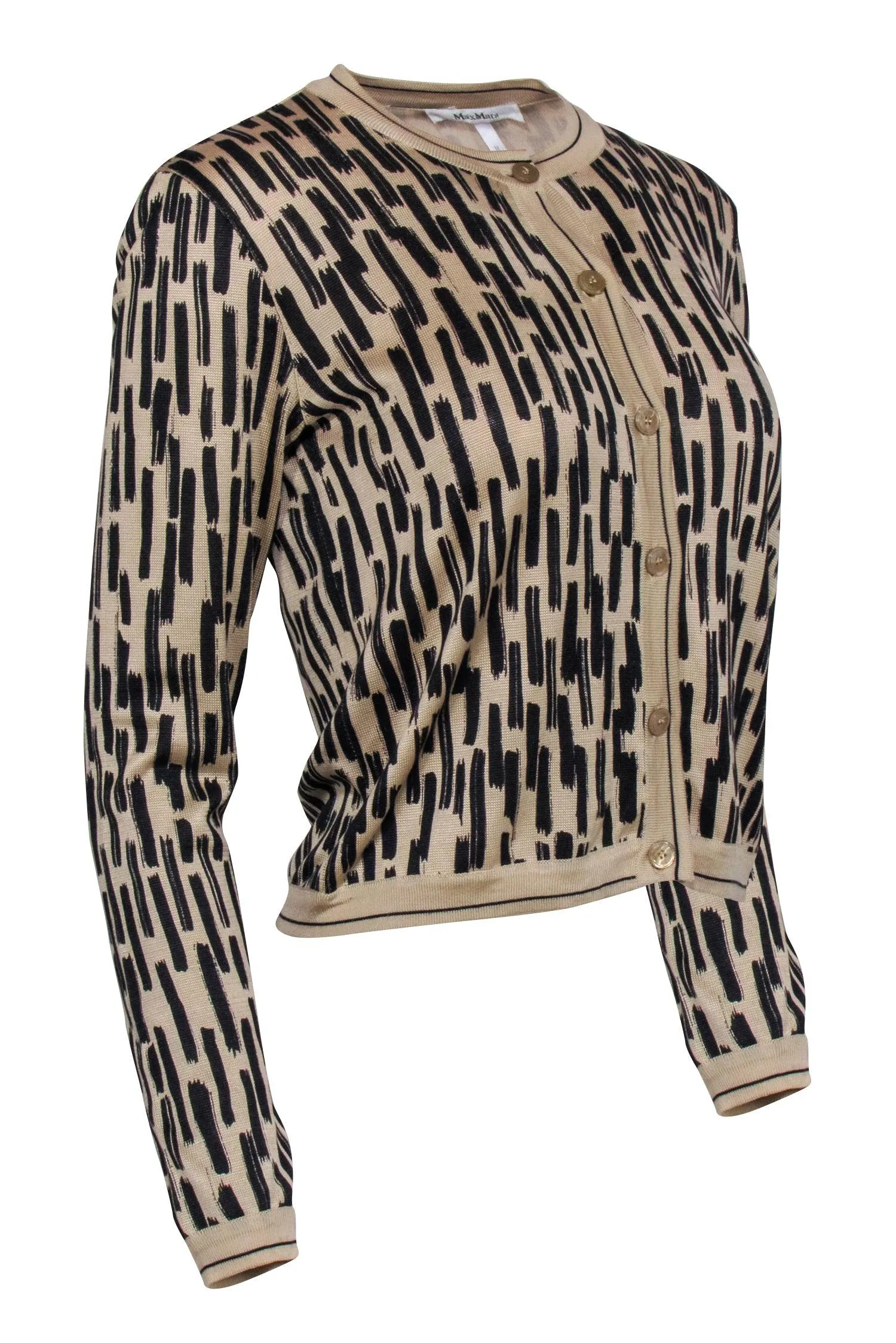 Max Mara - Beige w/ Black Print Button Front Cardigan Sz M