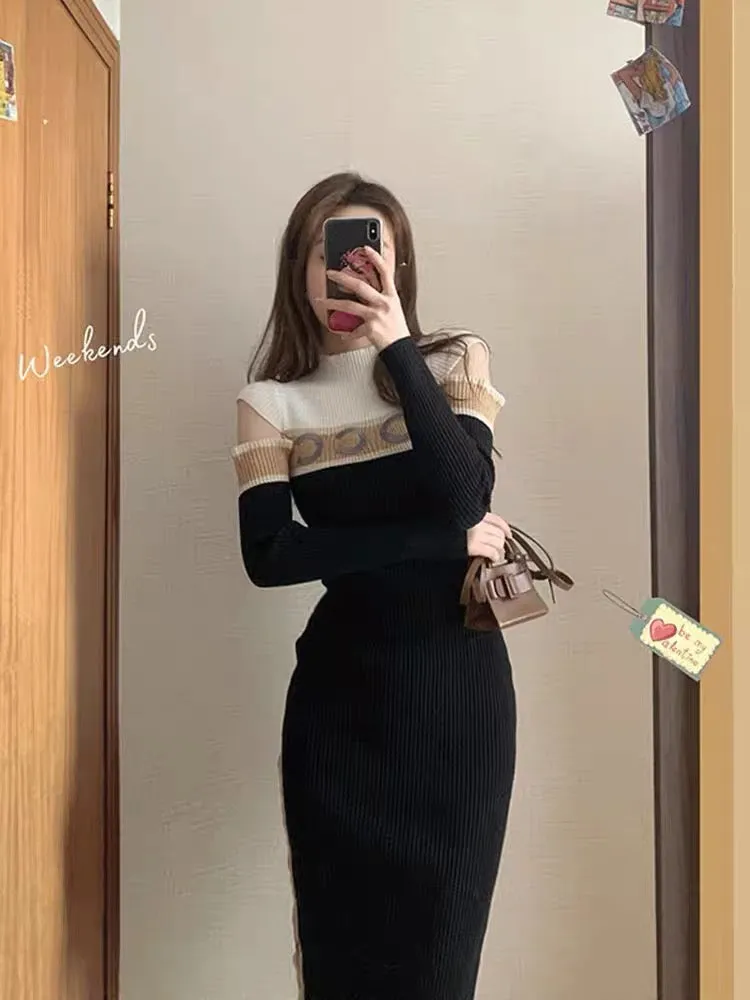 Original knitted dress spring 2023 new female Hepburn style temperament small waist waist bottoming sweater dress T3482