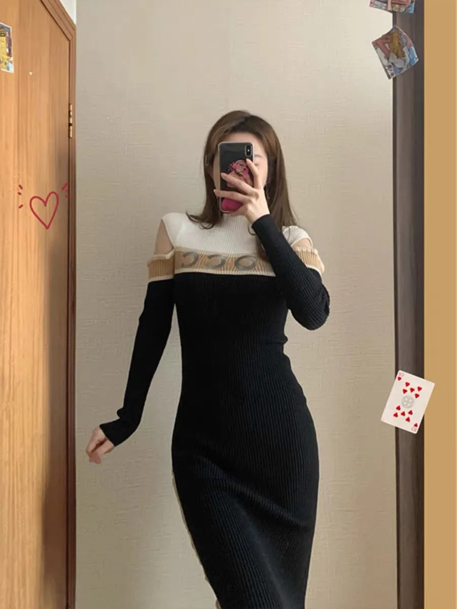 Original knitted dress spring 2023 new female Hepburn style temperament small waist waist bottoming sweater dress T3482