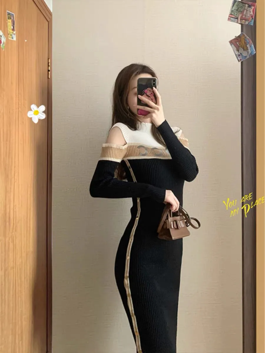 Original knitted dress spring 2023 new female Hepburn style temperament small waist waist bottoming sweater dress T3482