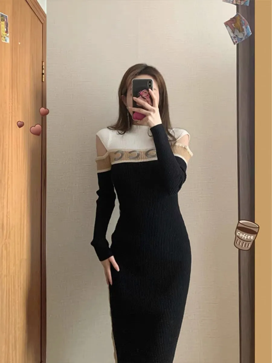 Original knitted dress spring 2023 new female Hepburn style temperament small waist waist bottoming sweater dress T3482