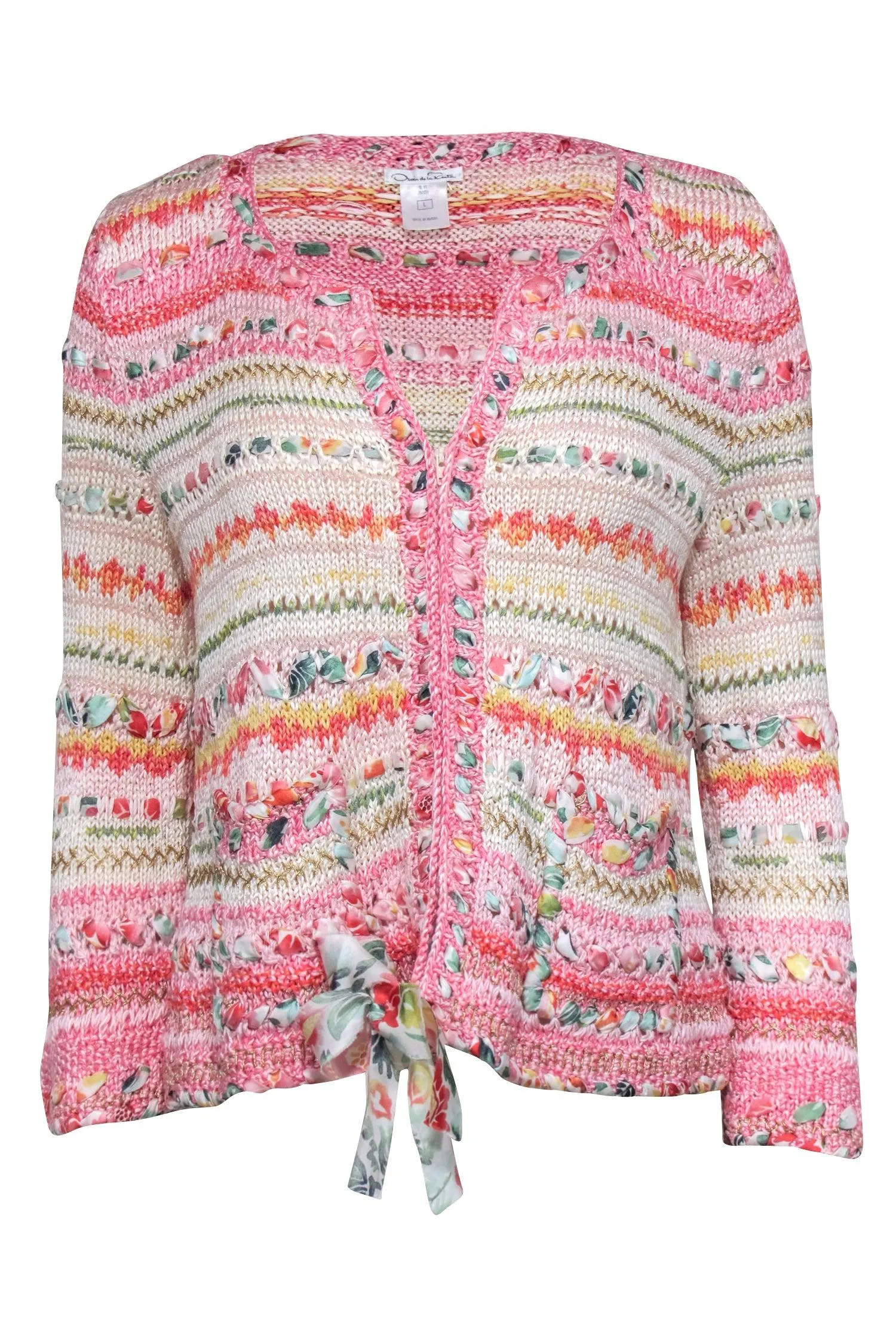 Oscar de la Renta - Pink & Multicolor Woven Zipper Front Cardigan Sz L