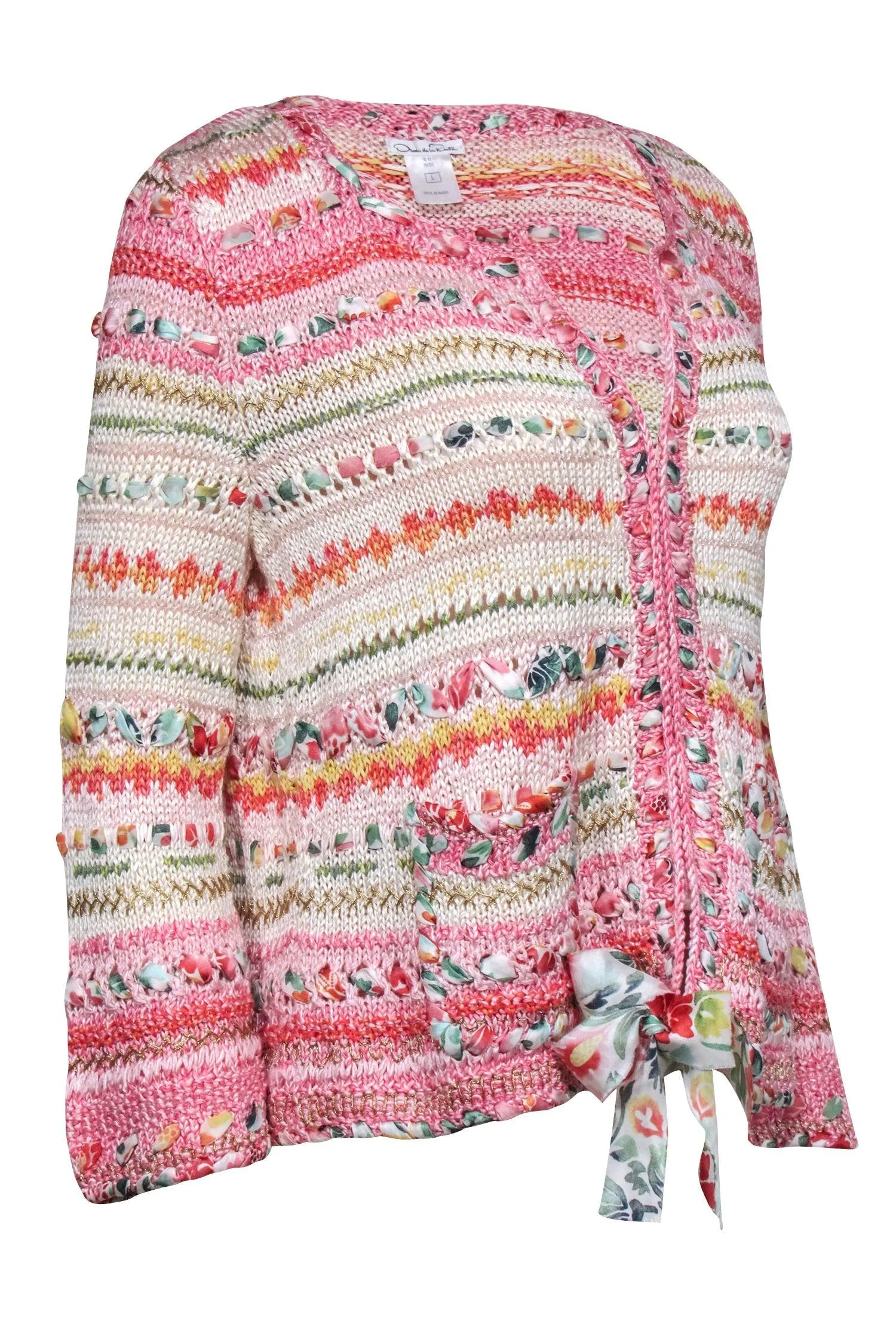 Oscar de la Renta - Pink & Multicolor Woven Zipper Front Cardigan Sz L