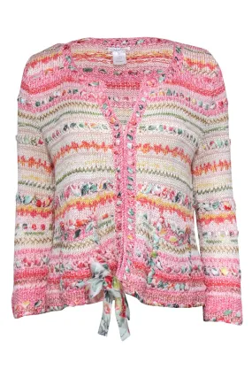 Oscar de la Renta - Pink & Multicolor Woven Zipper Front Cardigan Sz L