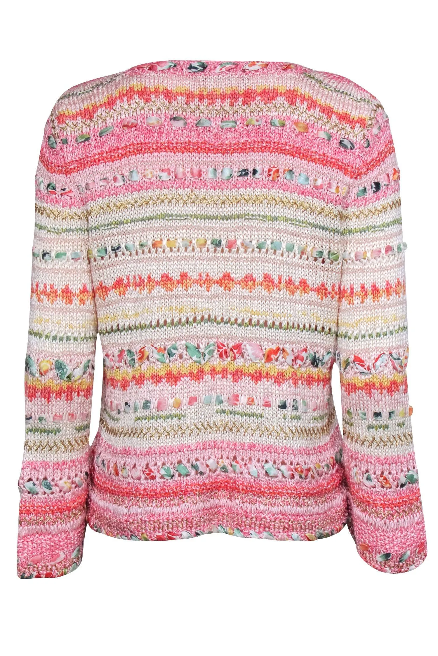 Oscar de la Renta - Pink & Multicolor Woven Zipper Front Cardigan Sz L