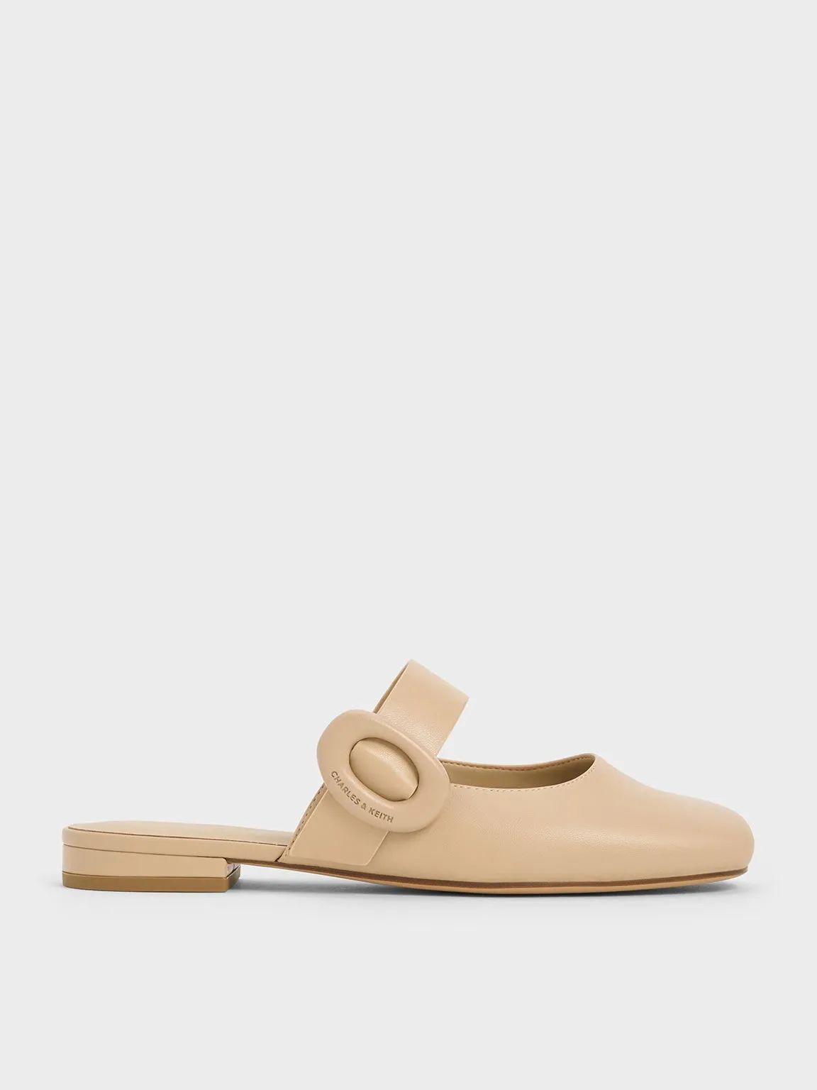 Oval-Buckle Flat Mules - Beige