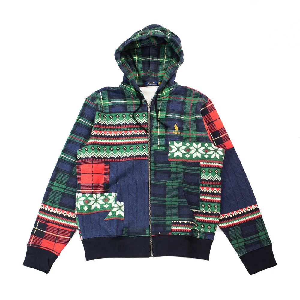 Patchwork-Print Fleece Full-Zip Hoodie (Navy)