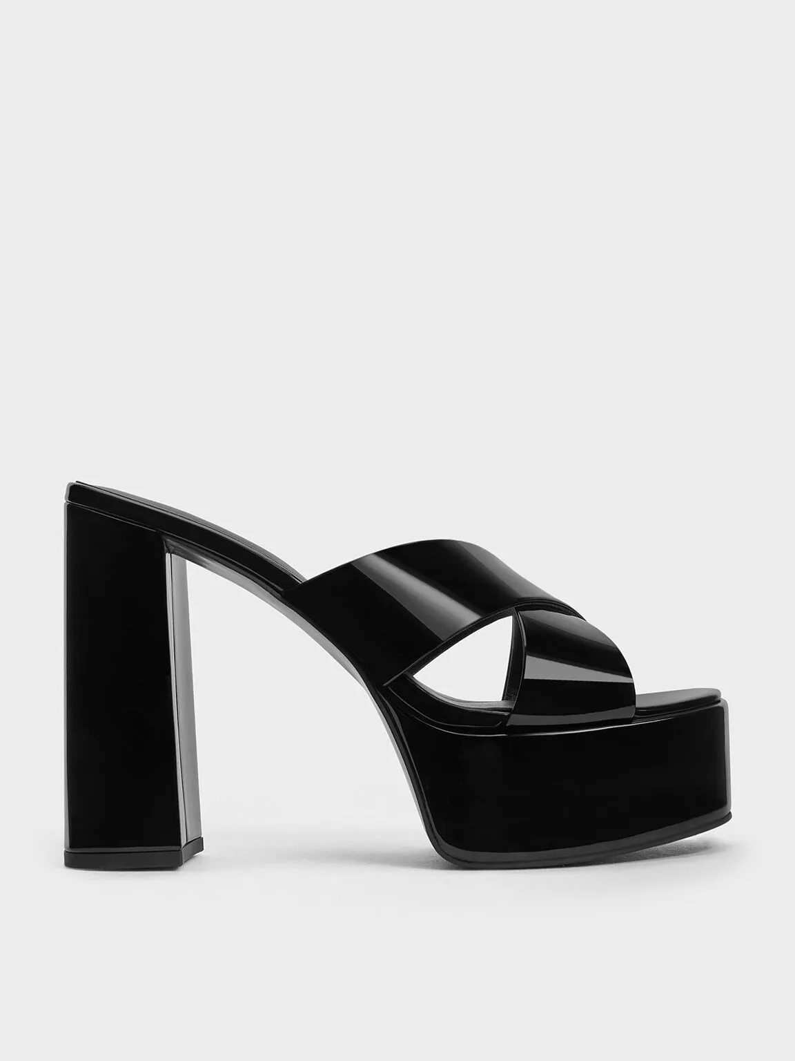 Patent Crossover Strap Platform Mules - Black Patent