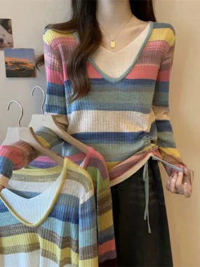 Plus size women's fat MM fake two-piece niche drawstring V-neck top autumn rainbow color-blocked striped long-sleeved sweater