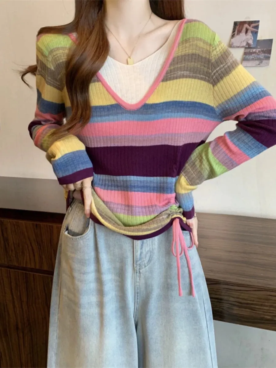 Plus size women's fat MM fake two-piece niche drawstring V-neck top autumn rainbow color-blocked striped long-sleeved sweater