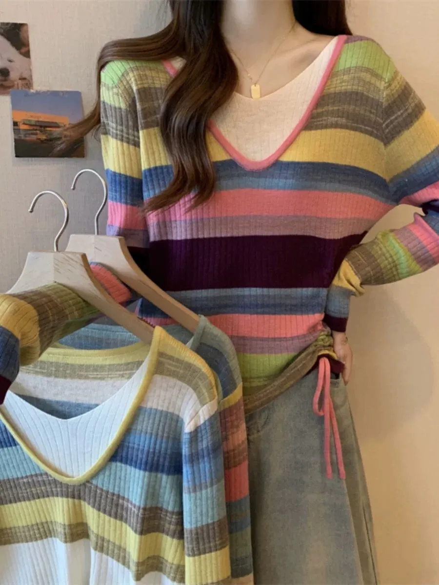 Plus size women's fat MM fake two-piece niche drawstring V-neck top autumn rainbow color-blocked striped long-sleeved sweater