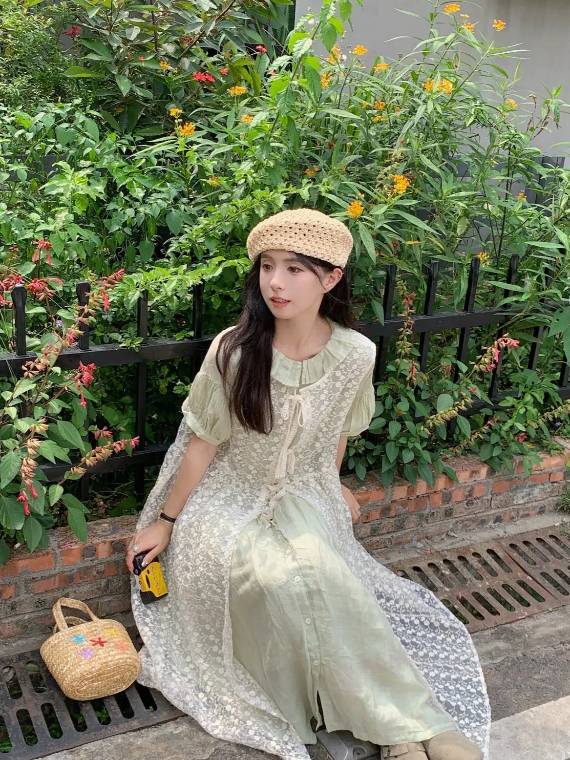 Plus size women's fat mm sweet forest suit women's lace blouse vest skirt ruffle collar dress two-piece summer set