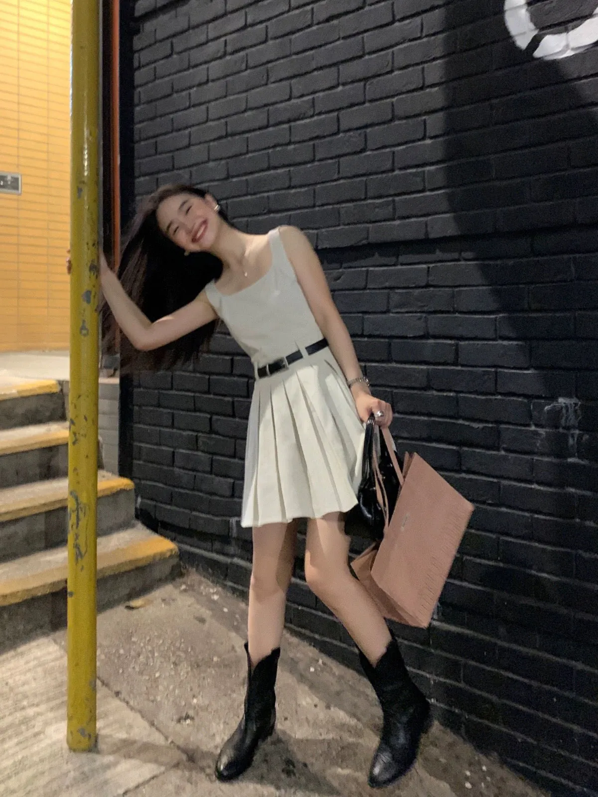 pusumede sleeveless vest dress suspender skirt female short style temperament high-end slim a-line pleated skirt