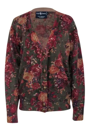 Ralph Lauren - Olive w/ Red Floral Print Wool Cardigan Sz L