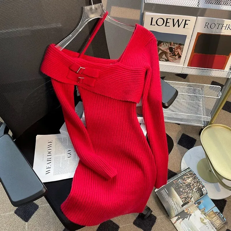 Red off-shoulder long-sleeved knitted sweater dress for women winter new temperament Christmas and New Year sexy hip-hugging sho