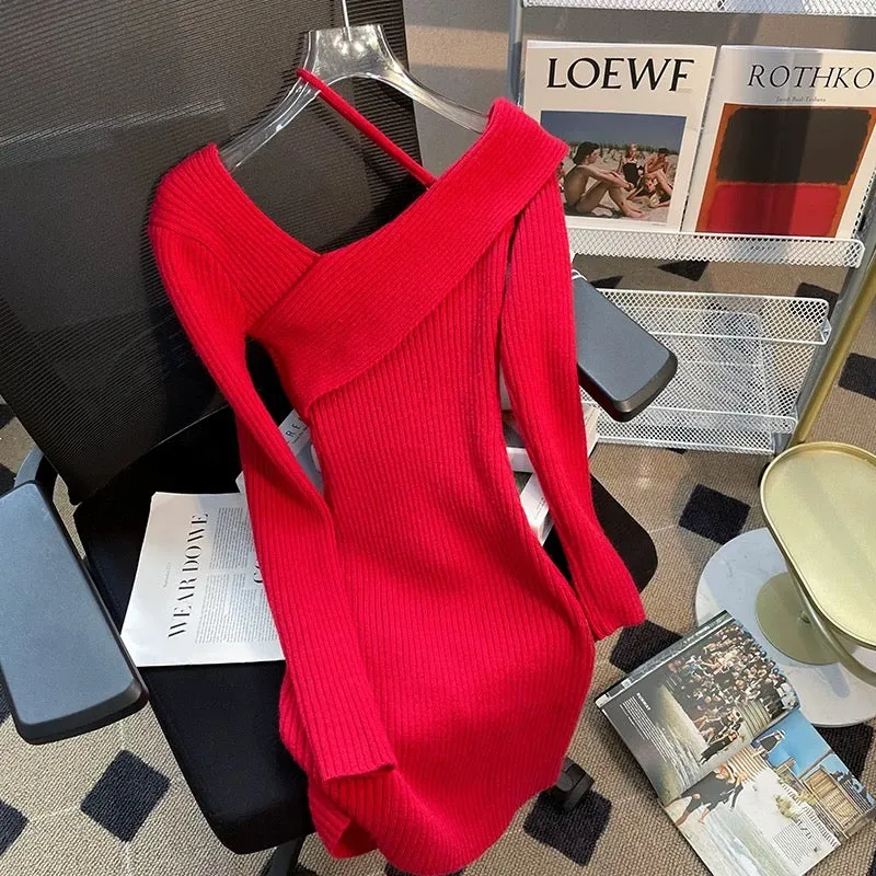 Red off-shoulder long-sleeved knitted sweater dress for women winter new temperament Christmas and New Year sexy hip-hugging sho