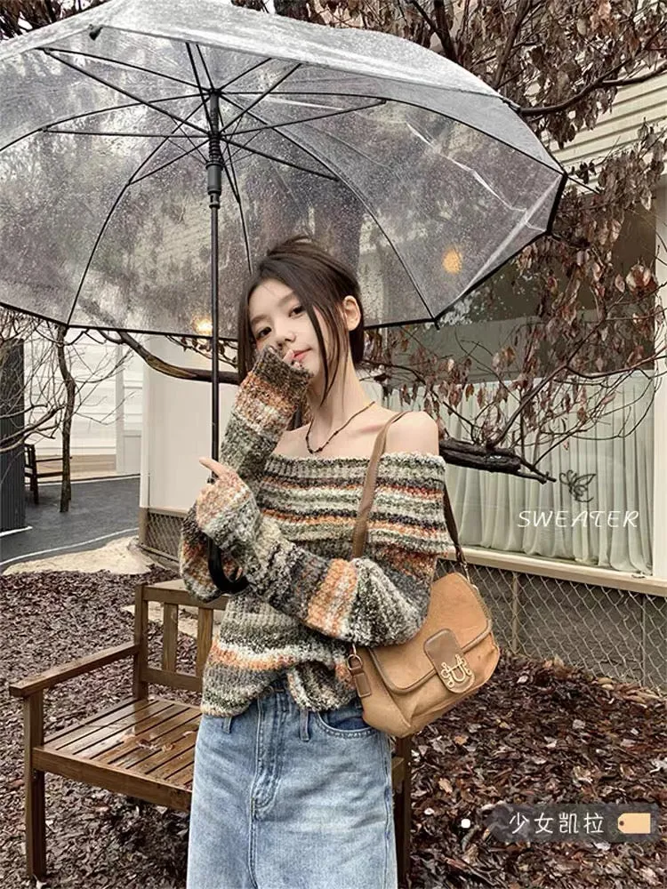 Retro chic one-shoulder sweater for lazy women with design French knitted sweater off-shoulder top for hot girls in spring