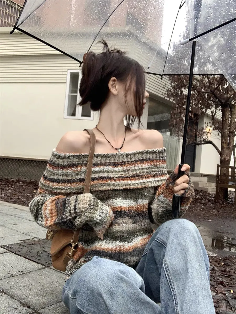 Retro chic one-shoulder sweater for lazy women with design French knitted sweater off-shoulder top for hot girls in spring