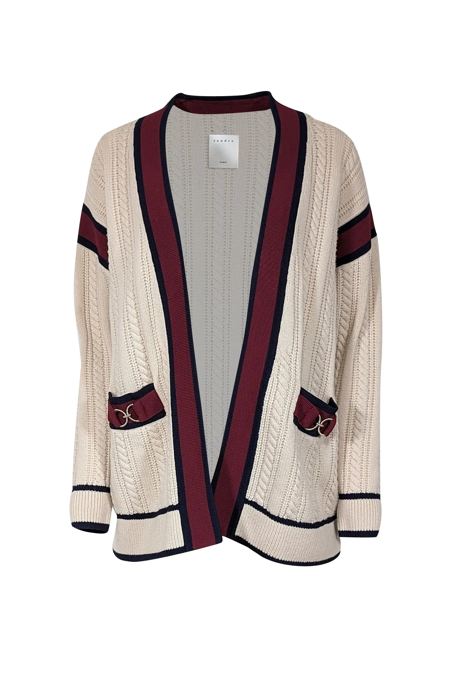 Sandro - Light Beige Cable Knit Wool Cardigan w/ Contrast Ribbed Trim Sz S