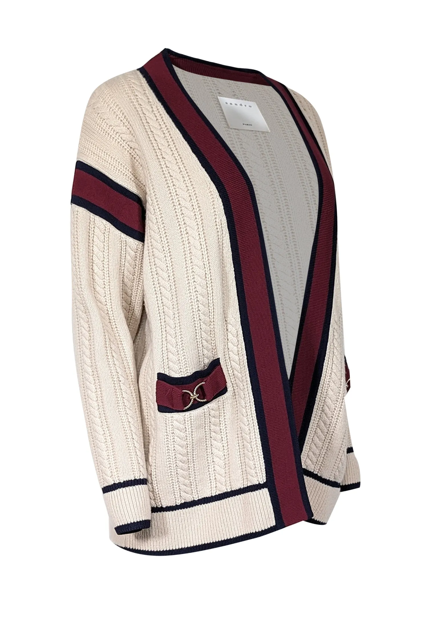 Sandro - Light Beige Cable Knit Wool Cardigan w/ Contrast Ribbed Trim Sz S