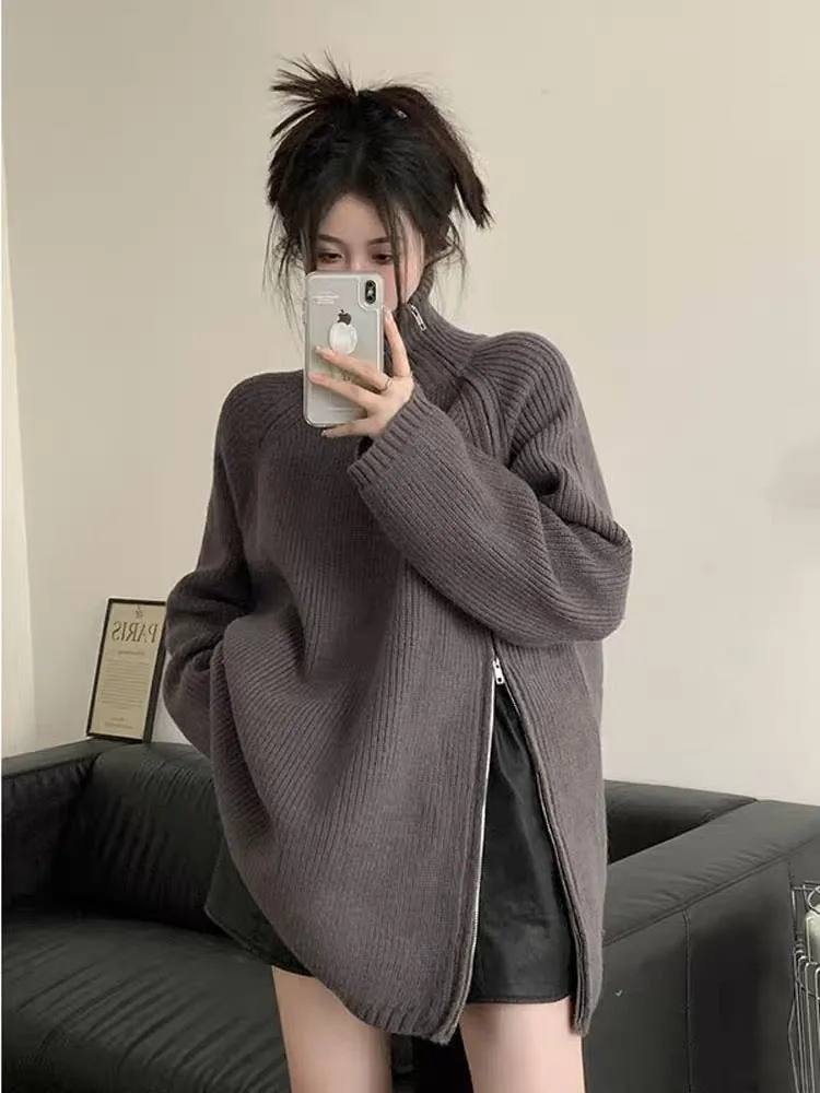 Side zipper design turtleneck sweater for women winter 2023 new niche lazy style mid-length knitted top