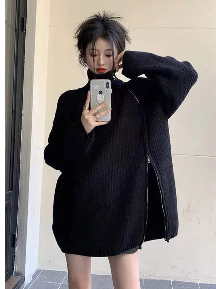 Side zipper design turtleneck sweater for women winter 2023 new niche lazy style mid-length knitted top