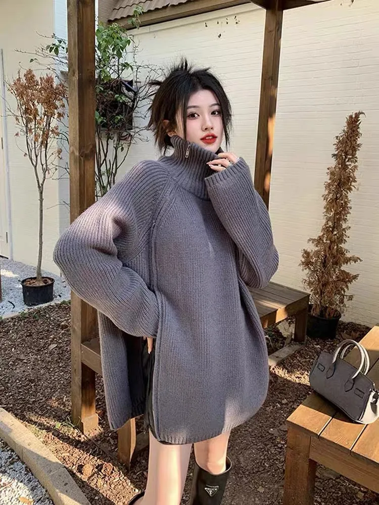 Side zipper design turtleneck sweater for women winter 2023 new niche lazy style mid-length knitted top