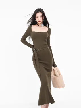 Spring and Autumn Hot Girl Knitted Dress Slim-fitting Bottoming Slimming Tight Sweater Little Mom Fishtail Stepmother Hip Skirt